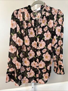 First Love Black Blouse with Pink Floral Print and Tie Neck